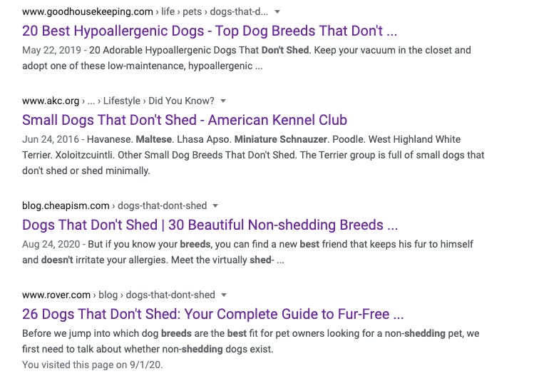 Google search results for "best puppies that don't shed": they are all very similar in wording