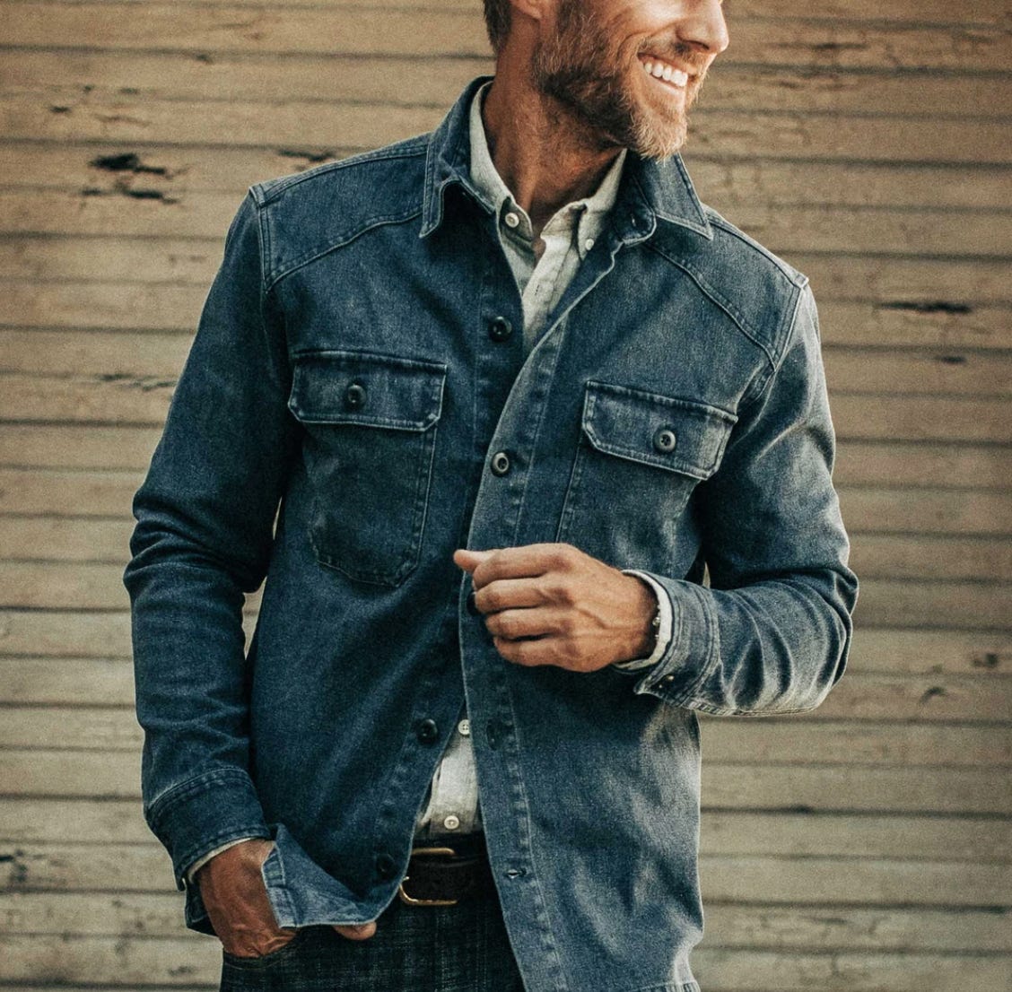 a man wears the taylor stitch shop shirt in indigo boss duck. Which you should buy