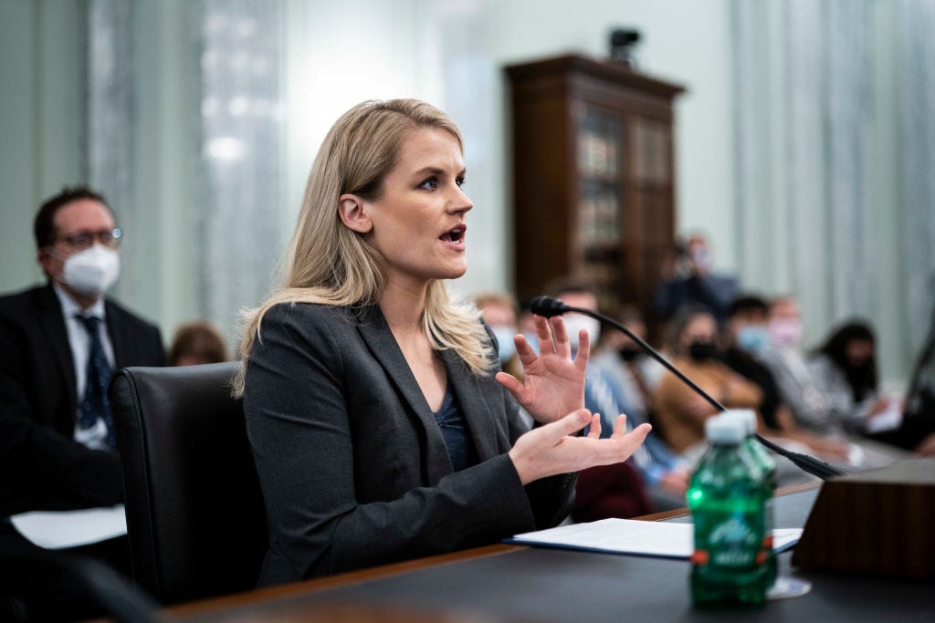 Facebook whistleblower Frances Haugen testifies during a Senate hearing Tuesday in Washington, DC. (Jabin Botsford-Pool / Getty Images) Facebook whistleblower Frances Haugen testifies during a Senate hearing Tuesday in Washington, DC. (Jabin Botsford-Pool / Getty Images)