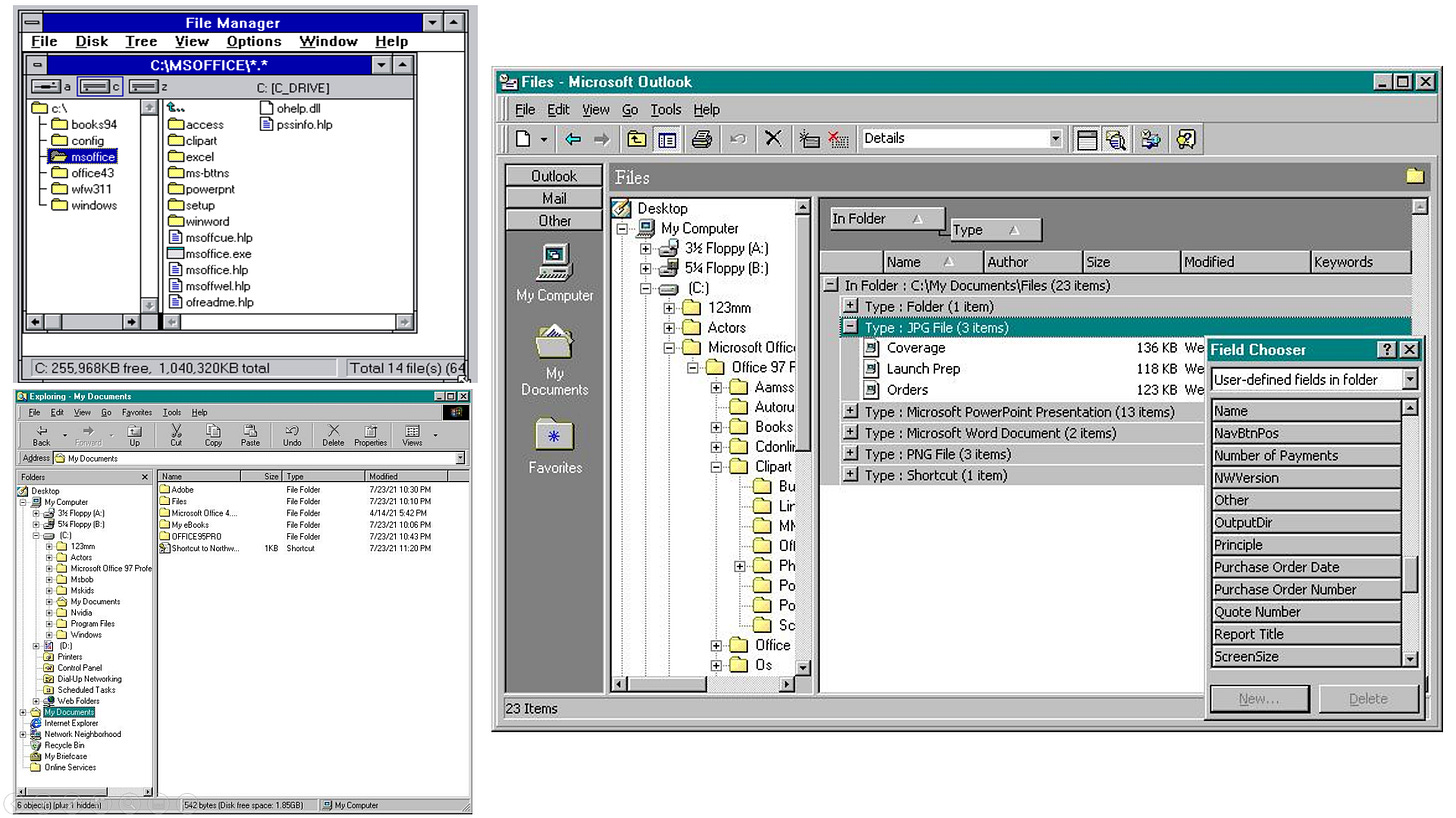 Three Windows screenshots. Windows 3.1 file manager, Windows 95 Explorer, and Outlook viewing files. Three Windows screenshots. Windows 3.1 file manager, Windows 95 Explorer, and Outlook viewing files.