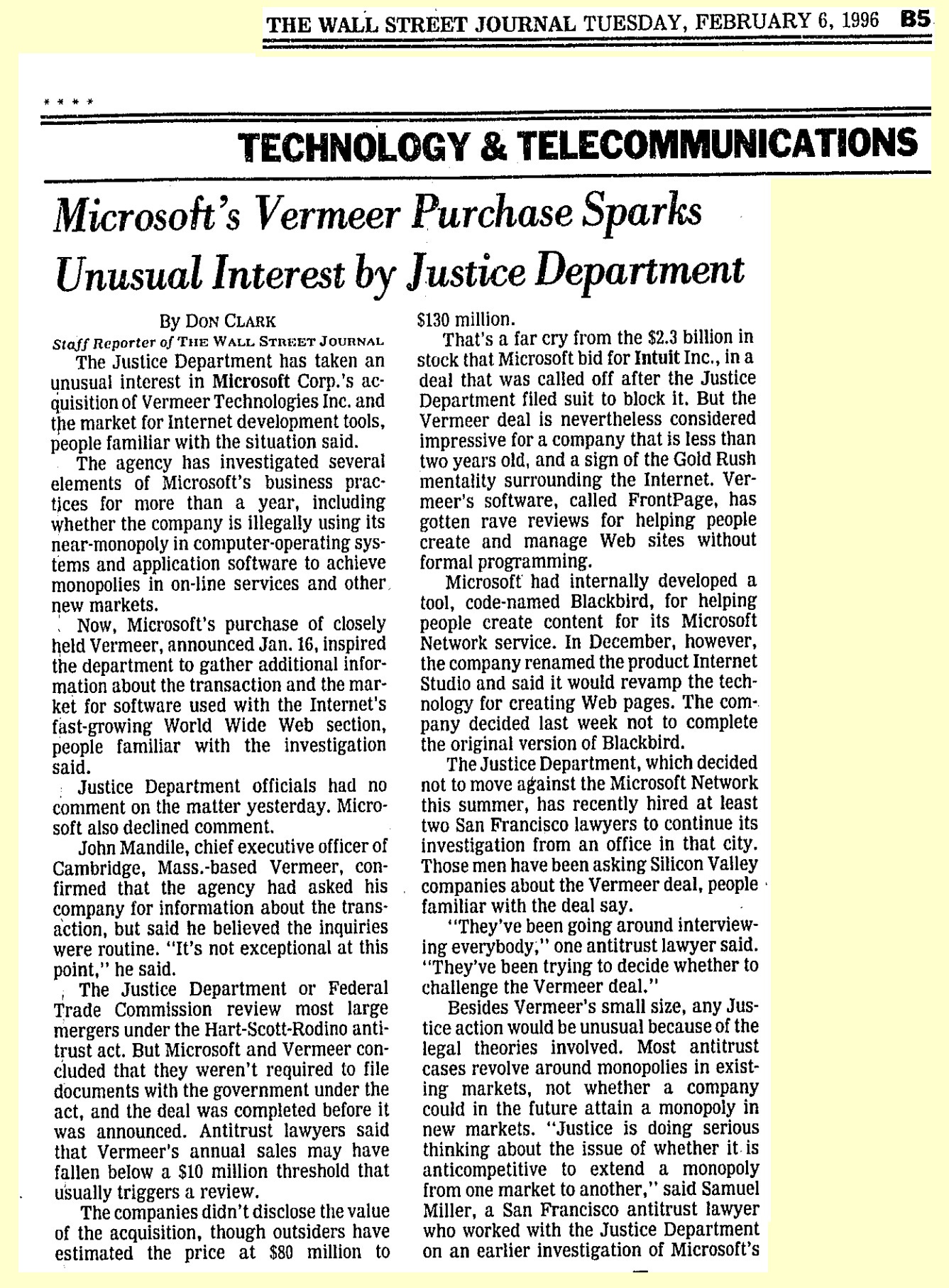 Microsoft's Vermeer Purchase Sparks Unusual Interest by Justice Department Microsoft's Vermeer Purchase Sparks Unusual Interest by Justice Department