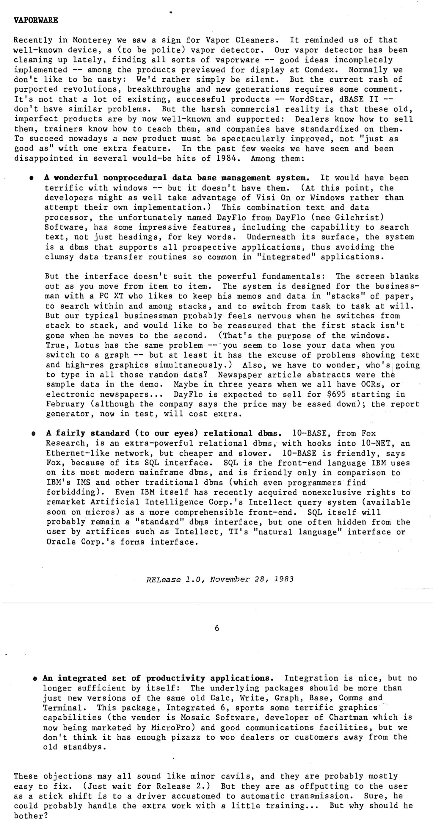 Scanned page from the 1983 "Release 1.0" newsletter defining vaporware. Please contact me for full text.