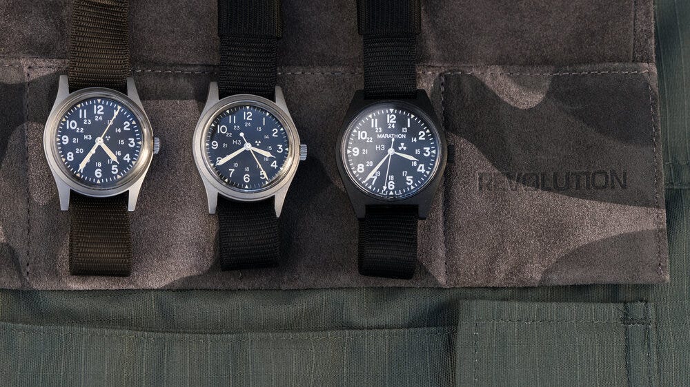 From left to right; a new old stock MIL-W-46374B from 1983, A MIL-W-46374D, Type 1 from 1988 which was just sold on our site and from this collection and The “Lost Marathon.” From left to right; a new old stock MIL-W-46374B from 1983, A MIL-W-46374D, Type 1 from 1988 which was just sold on our site and from this collection and The “Lost Marathon.”