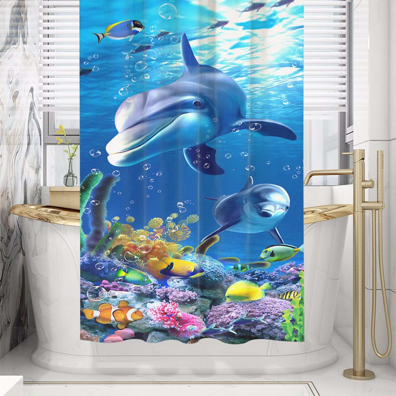 1522692093 Ocean Dolphin Deep Sea Shower Curtains Bath Curtain Screen Bathroom Decor Waterproof Fabric Beach Shell With Hooks Blue Large Home Garden Household Merchandises