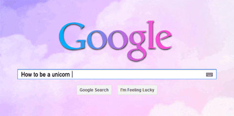 A rainbow-colored Google search engine bar holds the text "how to be a unicorn" [gif]