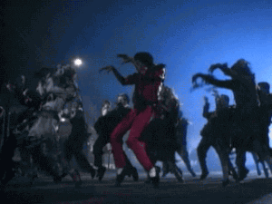 Zombies dance funkily. From Michael Jackson's Thriller video. [gif]