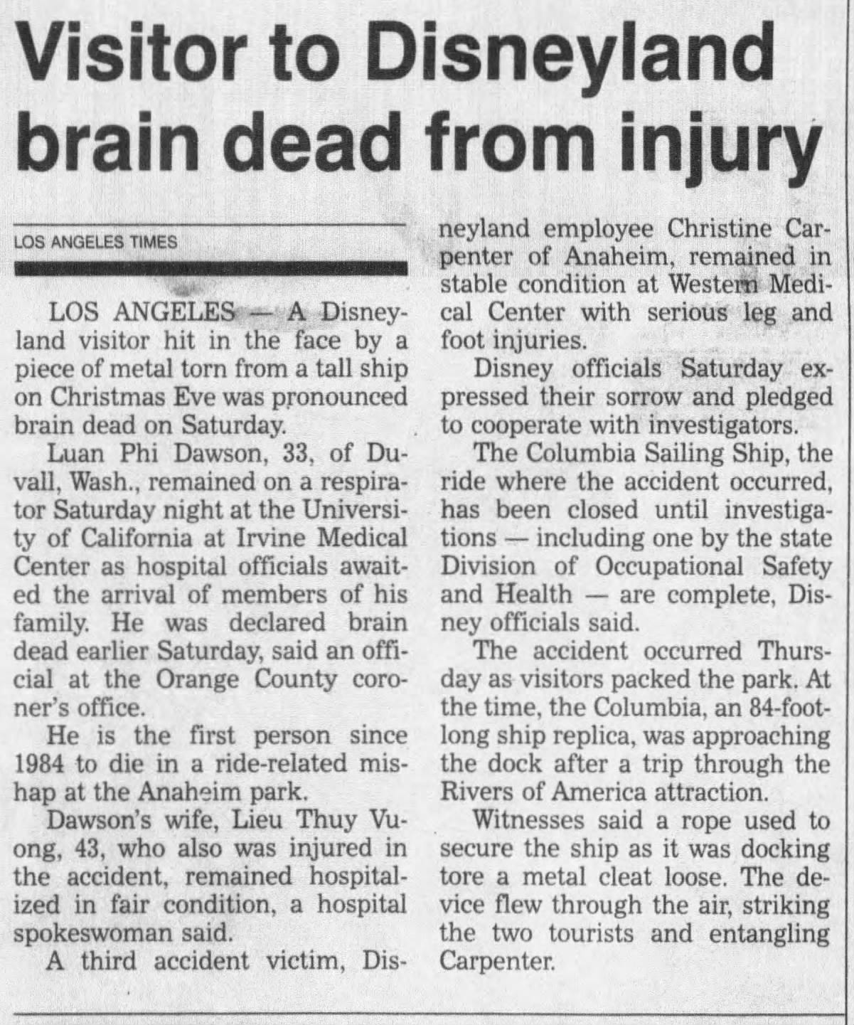 Visitor to Disneyland brain dead from injury Visitor to Disneyland brain dead from injury