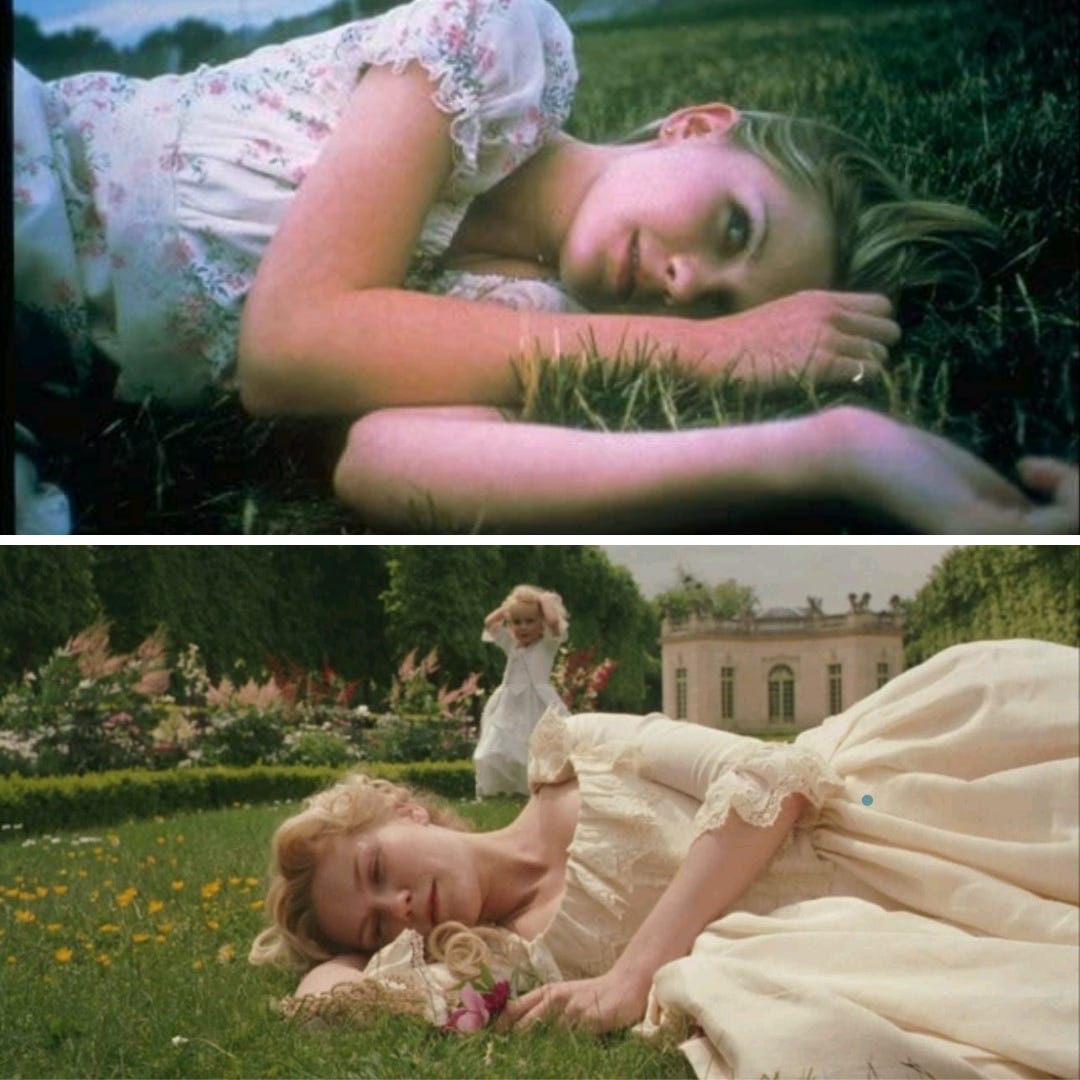 Cinematic parallel of Kirsten Dunst laying in the grass as Lux Lisbon in The Vrigin Suicides and Marie Antoinette in Marie Antoinette