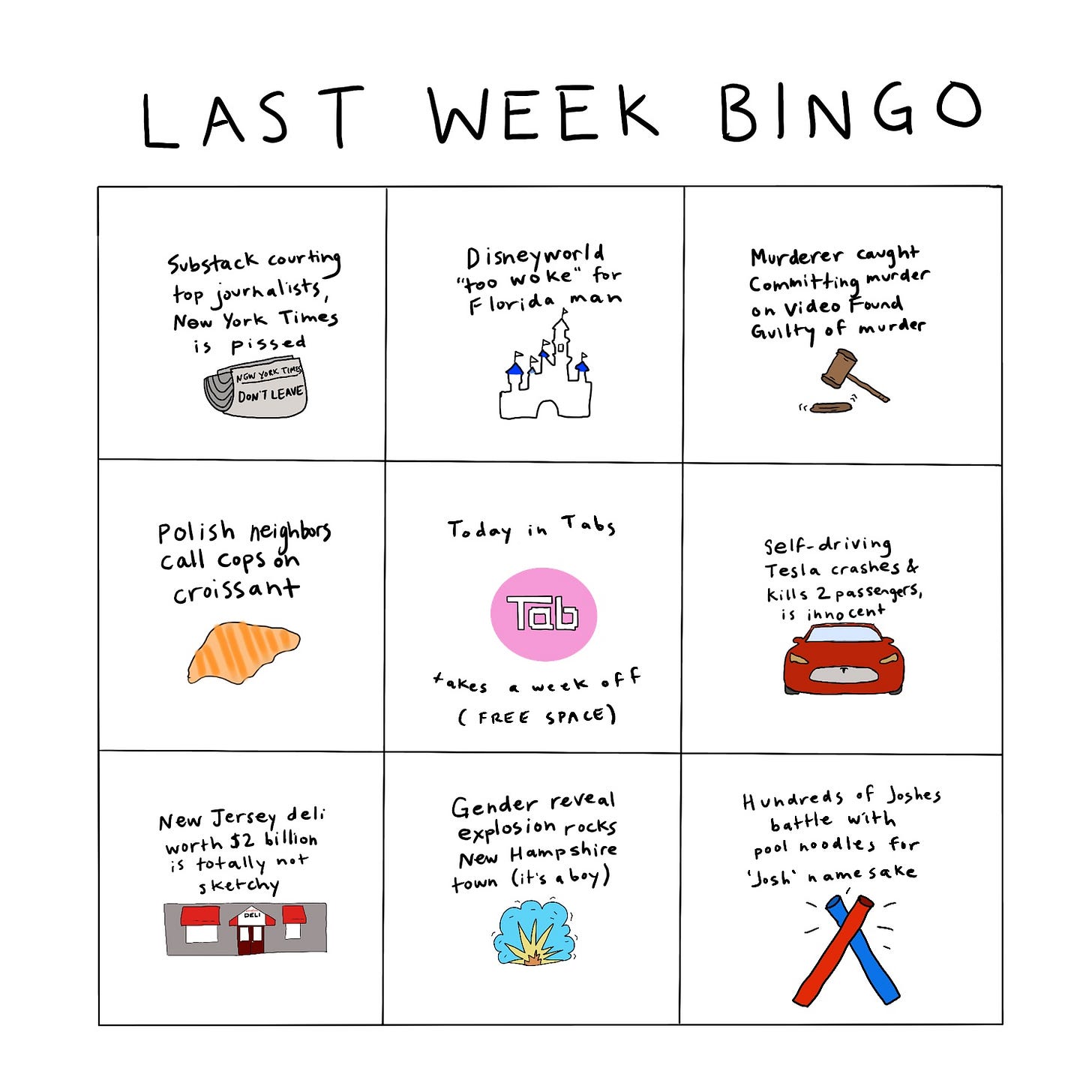 A bingo card with 9 spaces, 3 columns and 3 rows, titled “Last Week Bingo”. Row 1, from left to right– Space #1: “Substack courting top journalists, New York Times is pissed.” Accompanying doodle is a New York Times newspaper with the headline “Don’t Leave”. Space #2: “Disneyworld ‘too woke’ for Florida man.” Accompanying doodle is of Disneyworld’s magic castle. Space #3: “Murderer caught committing murder on video found guilty of murder.” Doodle of a court gavel about to slam down on a block. Row 2, from left to right– Space #4: “Polish neighbors call cops on croissant.” Doodle of a glistening croissant. Space #5: “Today in Tabs takes a week off (free space).” Doodle of Tabs logo in a pink circle. Space #6: “Self-driving Tesla crashes & kills 2 passengers, is innocent.” Doodle of a non-threatening Tesla car in burgundy. Row 3, from left to right– Space #7: “New Jersey deli worth $2 billion is totally not sketchy.” Doodle of a gray building with ‘Deli’ signage above the entrance. Space #8: “Space Gender reveal explosion rocks New Hampshire town (it’s a boy).” Doodle of an explosion with a cloud of blue smoke. Space #9: “Hundreds of Joshes battle with pool noodles for ‘Josh’ namesake.” Doodle of A red and blue pool noodle clashing against each other.