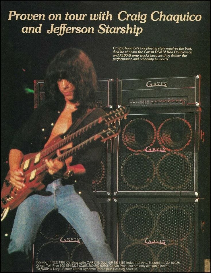 Craig Chaquico Carvin DN612 KOA Double Neck guitar &amp; X100-B amps 1982 ad  print #Carvin | Guitar, Steve vai, Jefferson starship