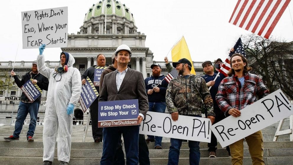 A protest about closing businesses to protect against COVID19.