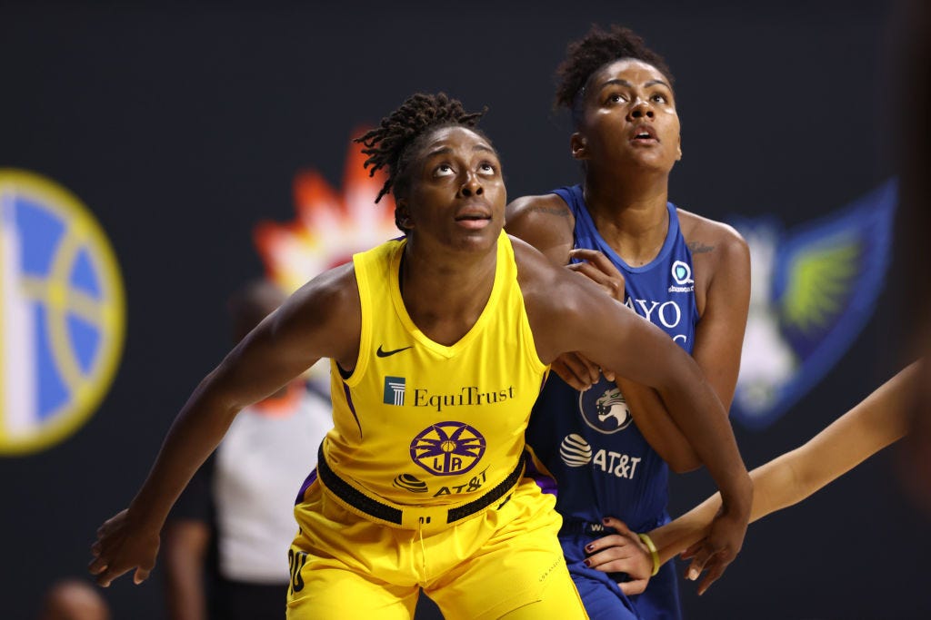 PALMETTO, FL- AUGUST 9: Nneka Ogwumike #30 of the Los Angeles Sparks plays defense against the Minnesota Lynx on August 9, 2020 at Feld Entertainment Center in Palmetto, Florida. WNBA Content Network. PALMETTO, FL- AUGUST 9: Nneka Ogwumike #30 of the Los Angeles Sparks plays defense against the Minnesota Lynx on August 9, 2020 at Feld Entertainment Center in Palmetto, Florida. WNBA Content Network.