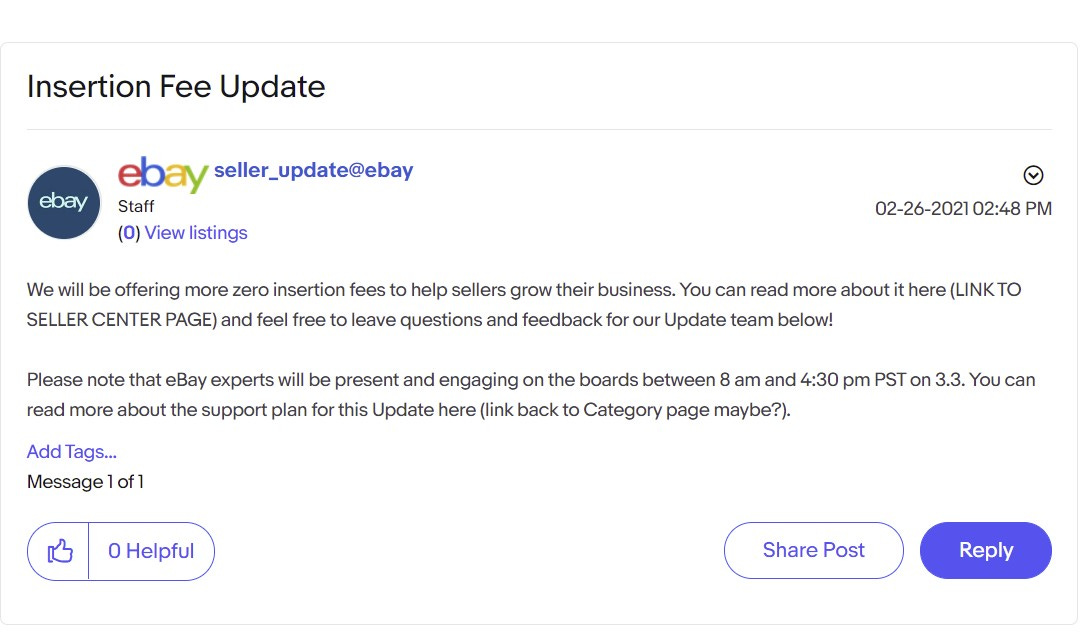 eBay Spring Seller Update Insertion Fees