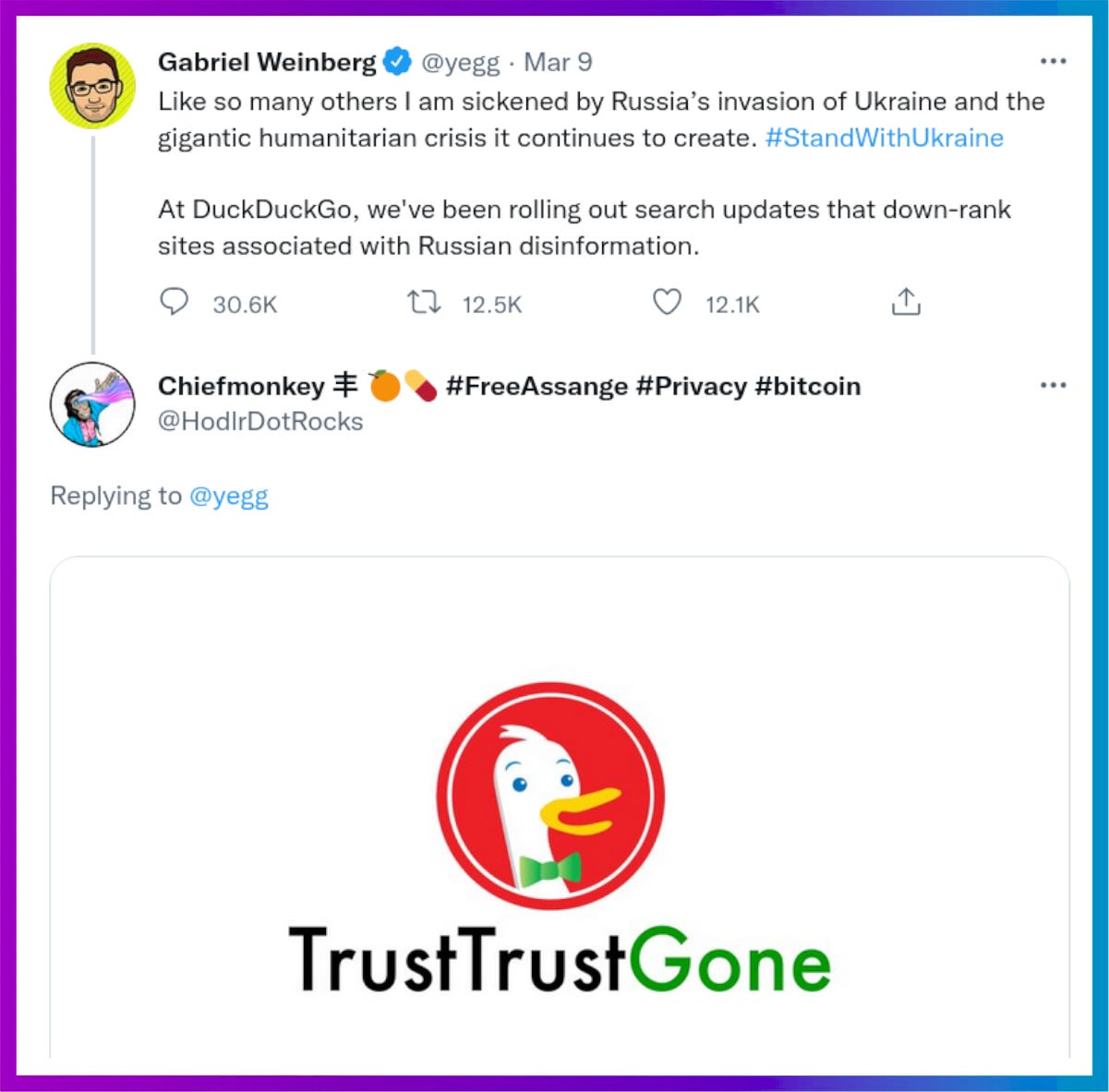 Response on Twitter to DuckDuckGo CEO Gabriel Weinberg’s tweet.