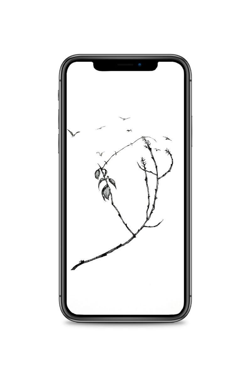 Mock up of phone with digital phone paper of artwork “Tree Branches & Seven Birds”. Mock up of phone with digital phone paper of artwork “Tree Branches & Seven Birds”.