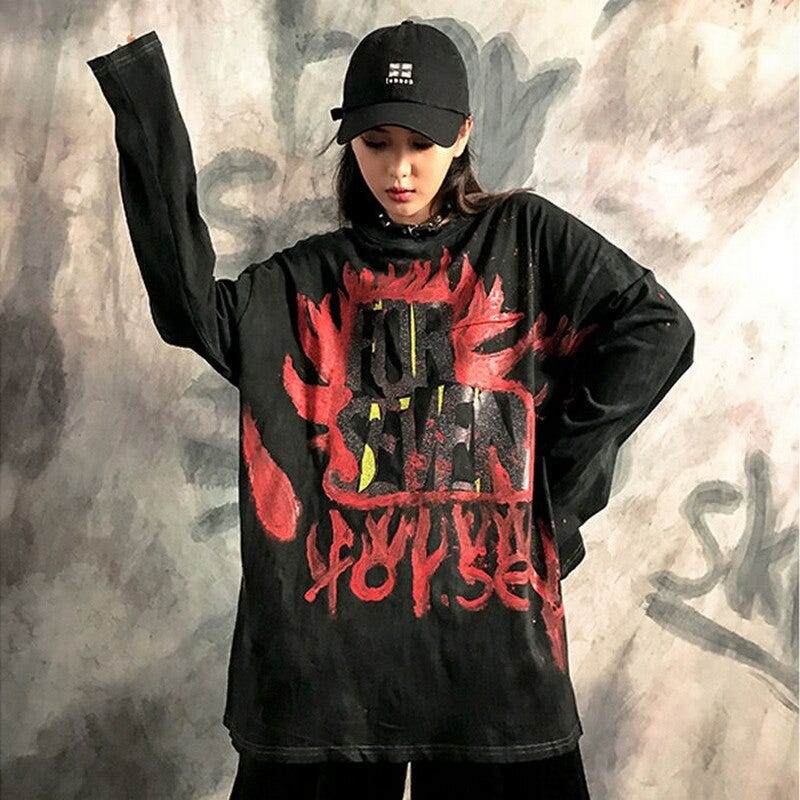 Spring New Long Sleeved T Shirt Female Girls Korean Loose Painting Printing O Neck Harajuku Style Couples Pullover Tops Women S Clothing Tops Tees