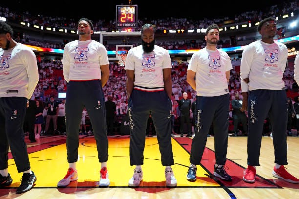 The Philadelphia 76ers look on during Game 1 of the 2022 NBA Playoffs Eastern Conference Semifinals on May 2, 2022 at The FTX Arena in Miami,...