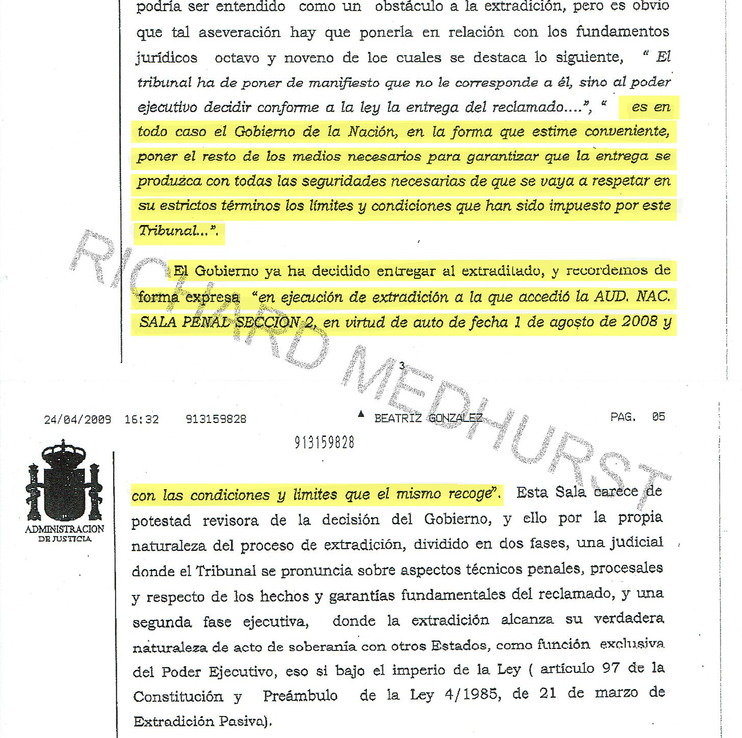 Spanish Court orders the Spanish government to make sure the United States complies with the conditions of Mendoza’s extradition, by way of the Acta de Entrega.