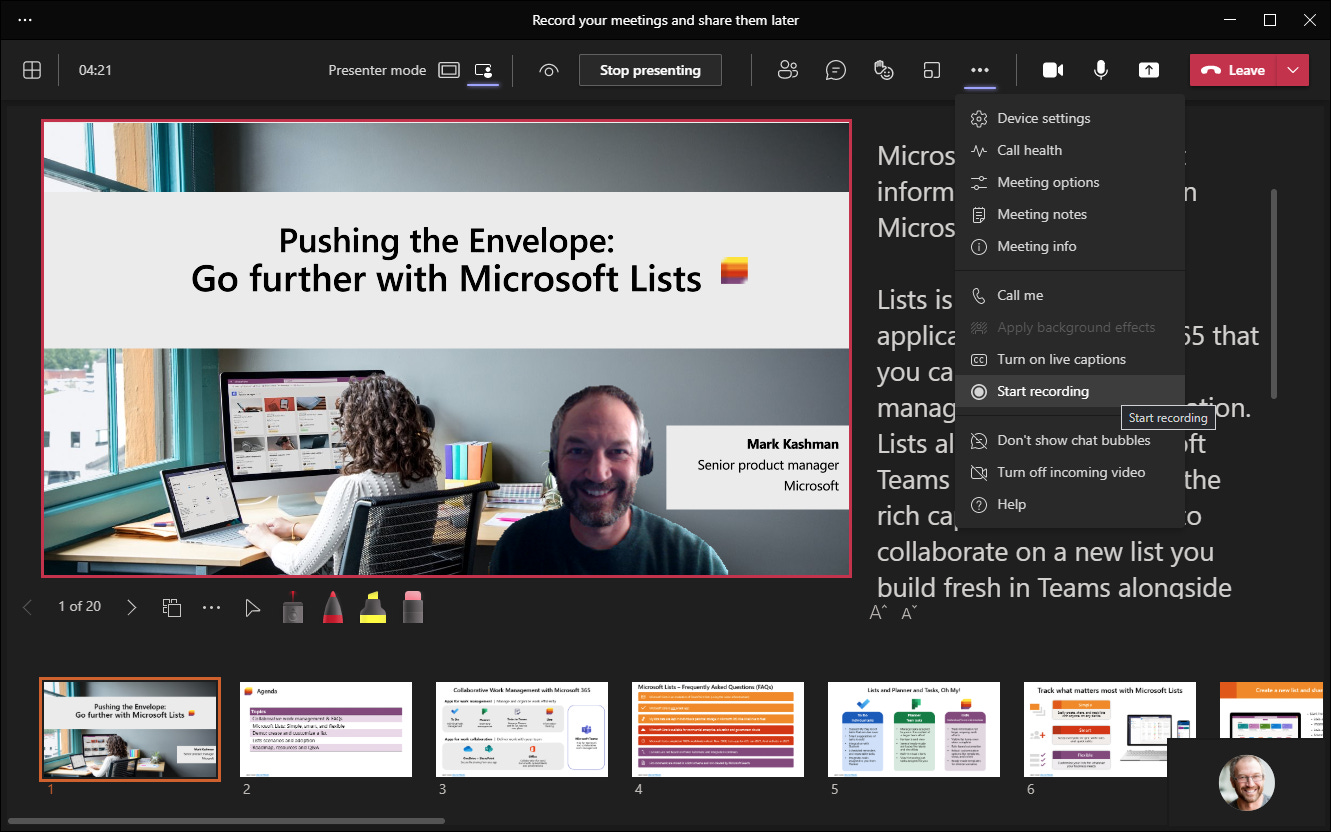 Click Start recording to turn your Microsoft Teams meeting into a recorded video to use and share later. Click Start recording to turn your Microsoft Teams meeting into a recorded video to use and share later.