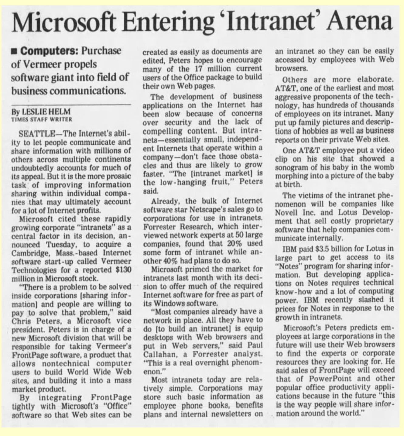 Scanned news headline "Microsoft Entering 'Intranet' Era" Scanned news headline "Microsoft Entering 'Intranet' Era"