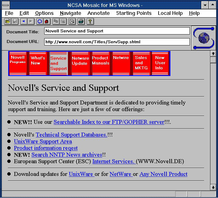 NCSA Mosaic for Windows showing Netware documentation on the novell web site. NCSA Mosaic for Windows showing Netware documentation on the novell web site.