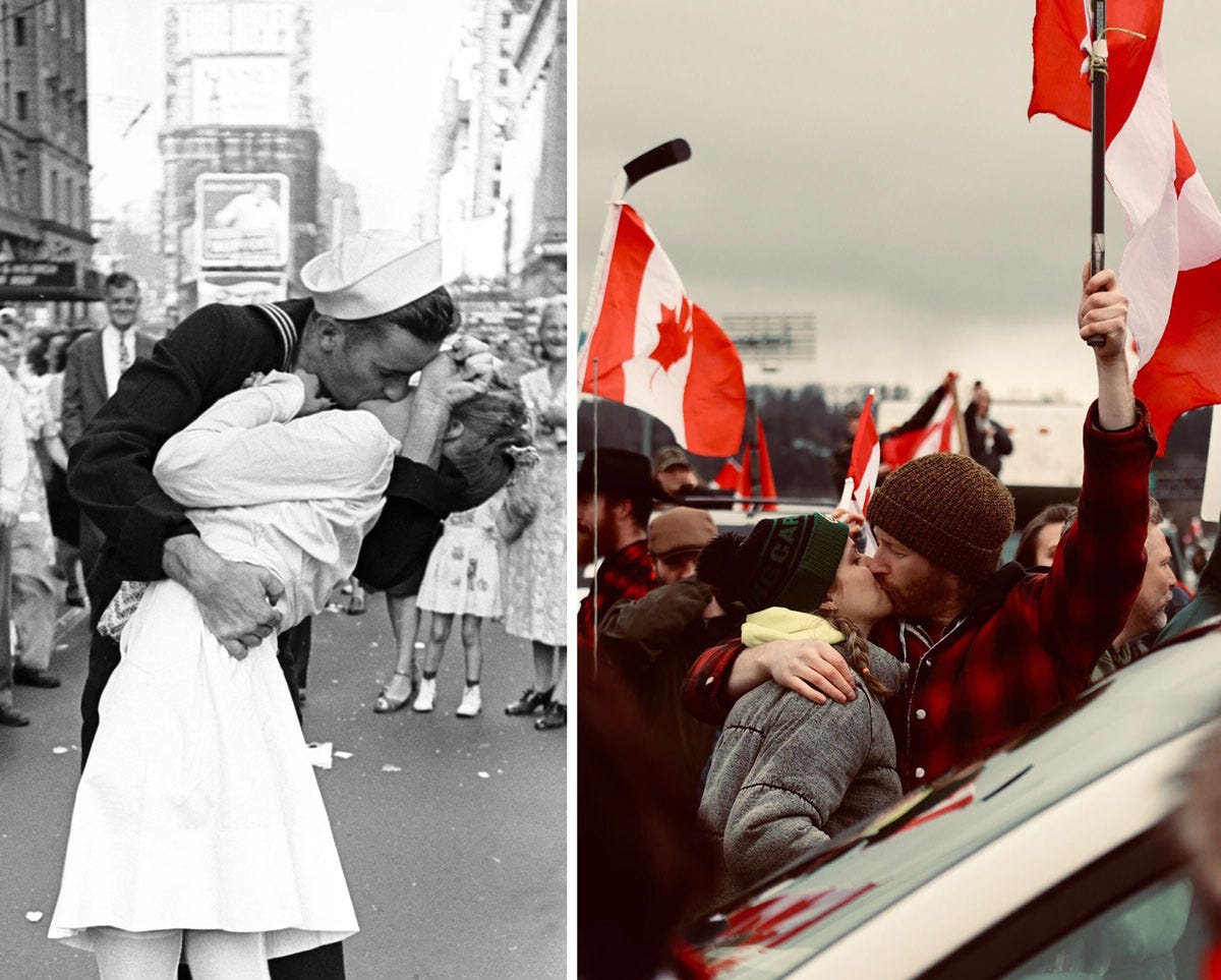 The Kiss, World War II; Canadian Truckers Couple Kissing