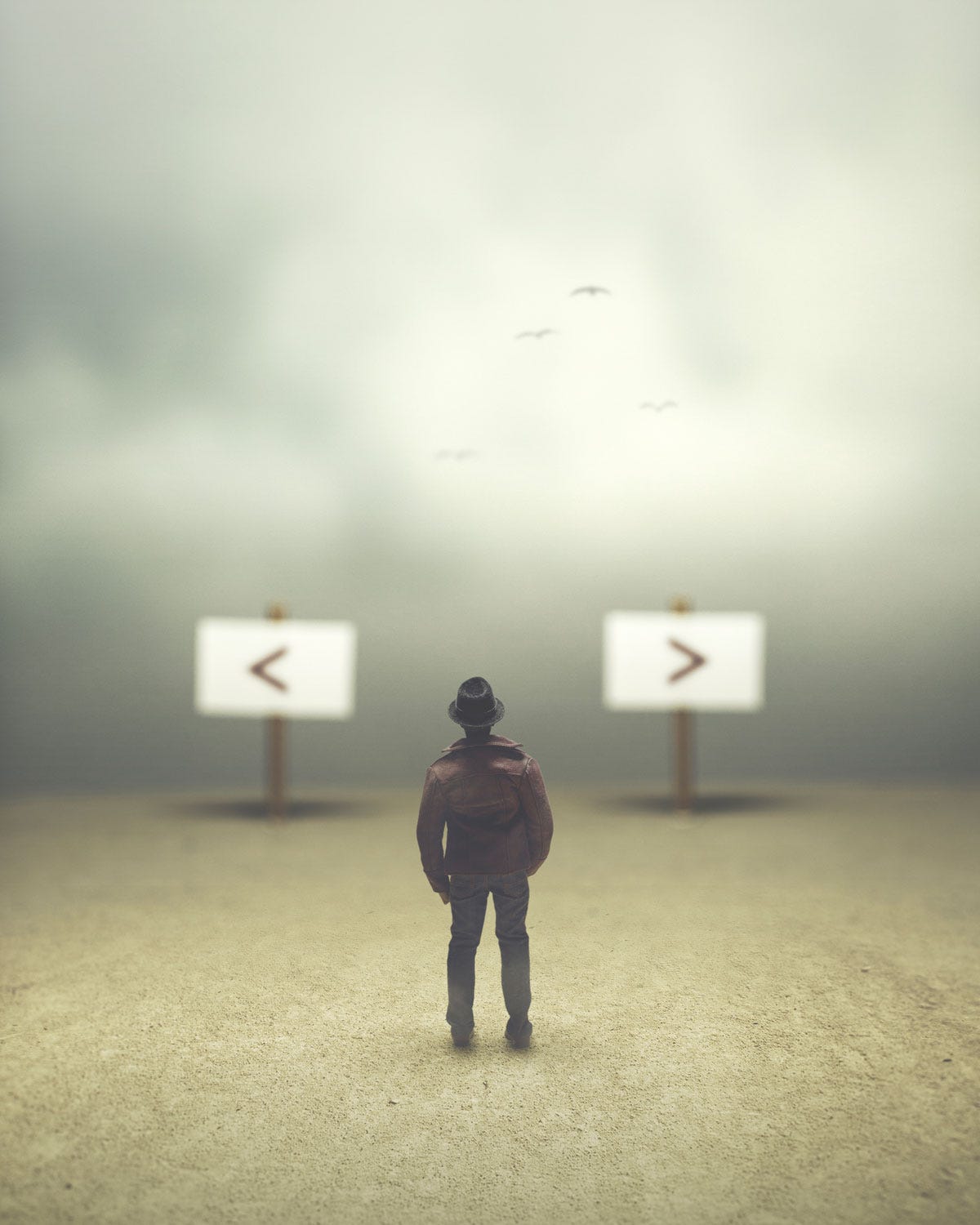 Are You a Good German or a Badass German? Man Standing Before Two Signs Pointing in Different Directions