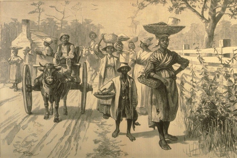 African-Americans walking and riding carts on dirt road African-Americans walking and riding carts on dirt road