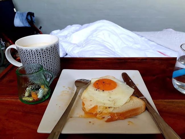 She said her ‘new normal’ was eating breakfast in bed after laying there for more than 30 days. Picture: Supplied