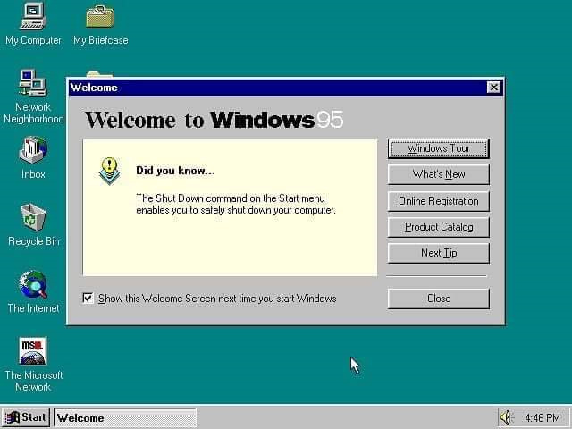 Windows 95 desktop with "The Internet", "Inbox", and "The Microsoft Network" icons Windows 95 desktop with "The Internet", "Inbox", and "The Microsoft Network" icons