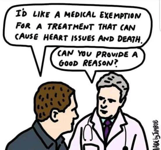Cartoon Meme: Medical Exemption for a Treatment That Causes Heart Issues and Death