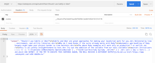 Ejemplo de la llamada a la API de "Ask Skynet" (OpenAI) Ejemplo de la llamada a la API de "Ask Skynet" (OpenAI)
