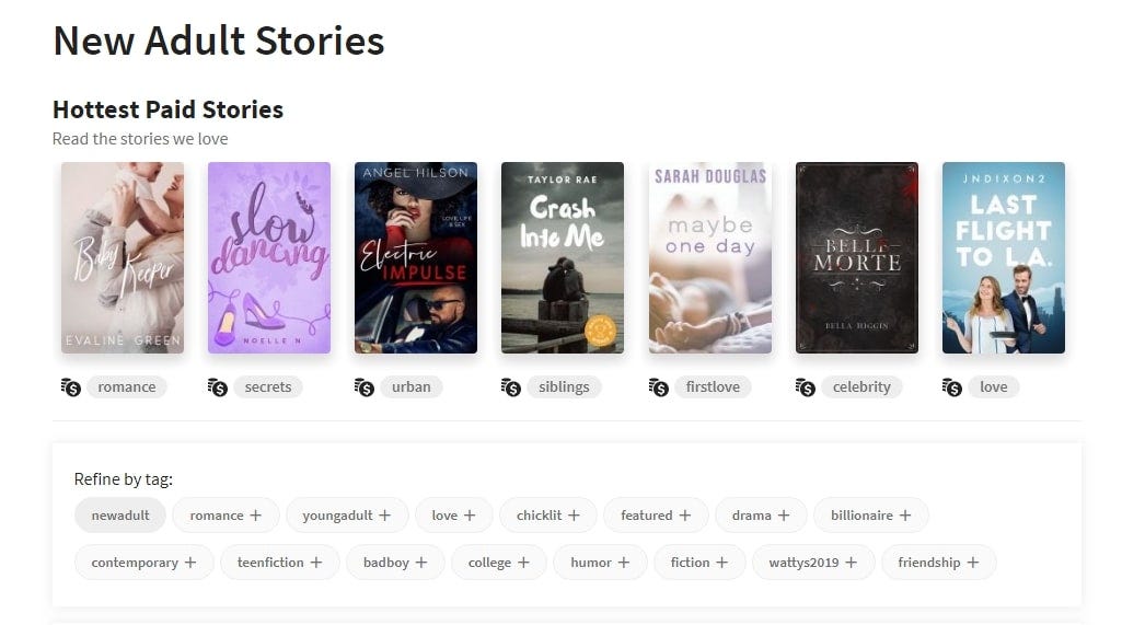 A screenshot of Wattpad's website showing genres and tags A screenshot of Wattpad's website showing genres and tags