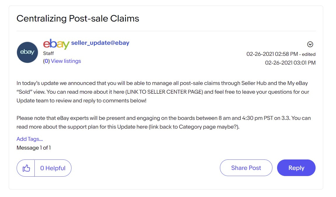 eBay Spring Update Post Sale Claims