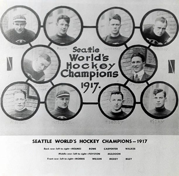 The Seattle Metropolitans Stanley Cup winning team in 1917. Harry Holmes, Bobby Rowe, Ed Carpenter and Jack Walker. Frank Foyston and manager Pete...