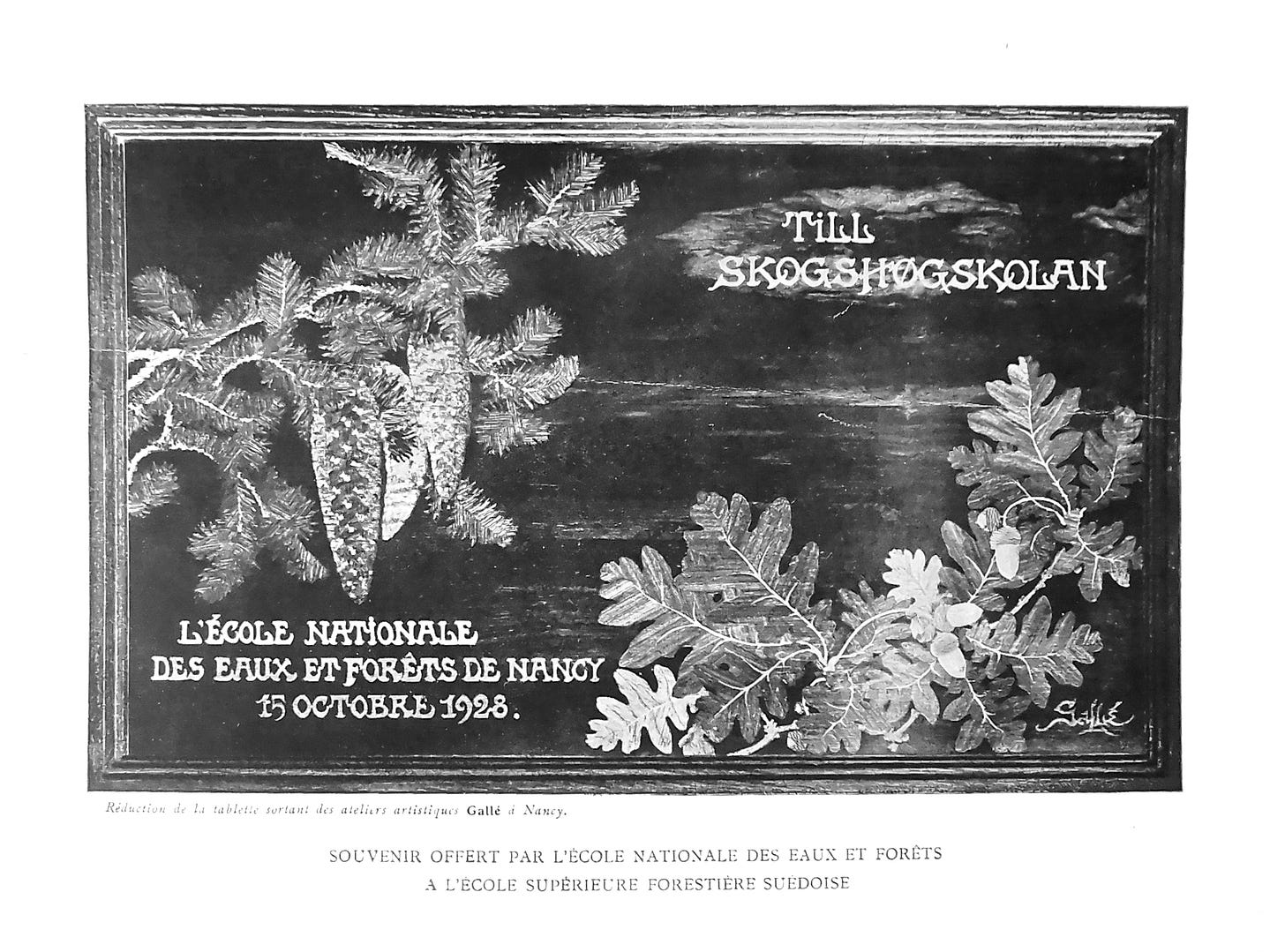 Auguste Herbst, Oak and spruce tray signed with the Mk IX, gift from the École nationale des eaux et forêts to their Swedish counterpart, 15/10/1928 (private collection).