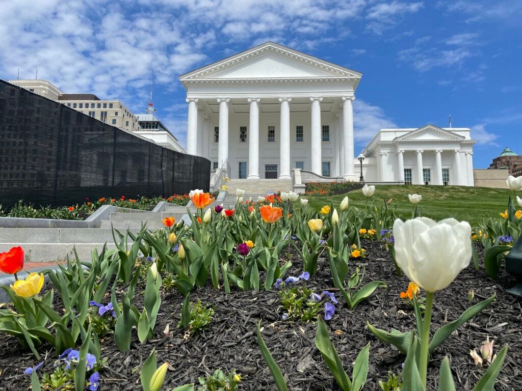 Tulips are blooming at the Virginia Capitol, but a budget deal remained elusive Monday. (Photo by Graham Moomaw)
