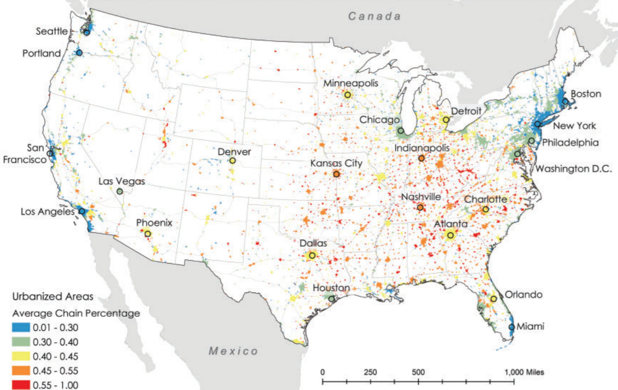 A map of the USA showing the average "channess" of their retail environment. Major Coastal cities all rank low, southern and midwestern cities rank high. A map of the USA showing the average "channess" of their retail environment. Major Coastal cities all rank low, southern and midwestern cities rank high.