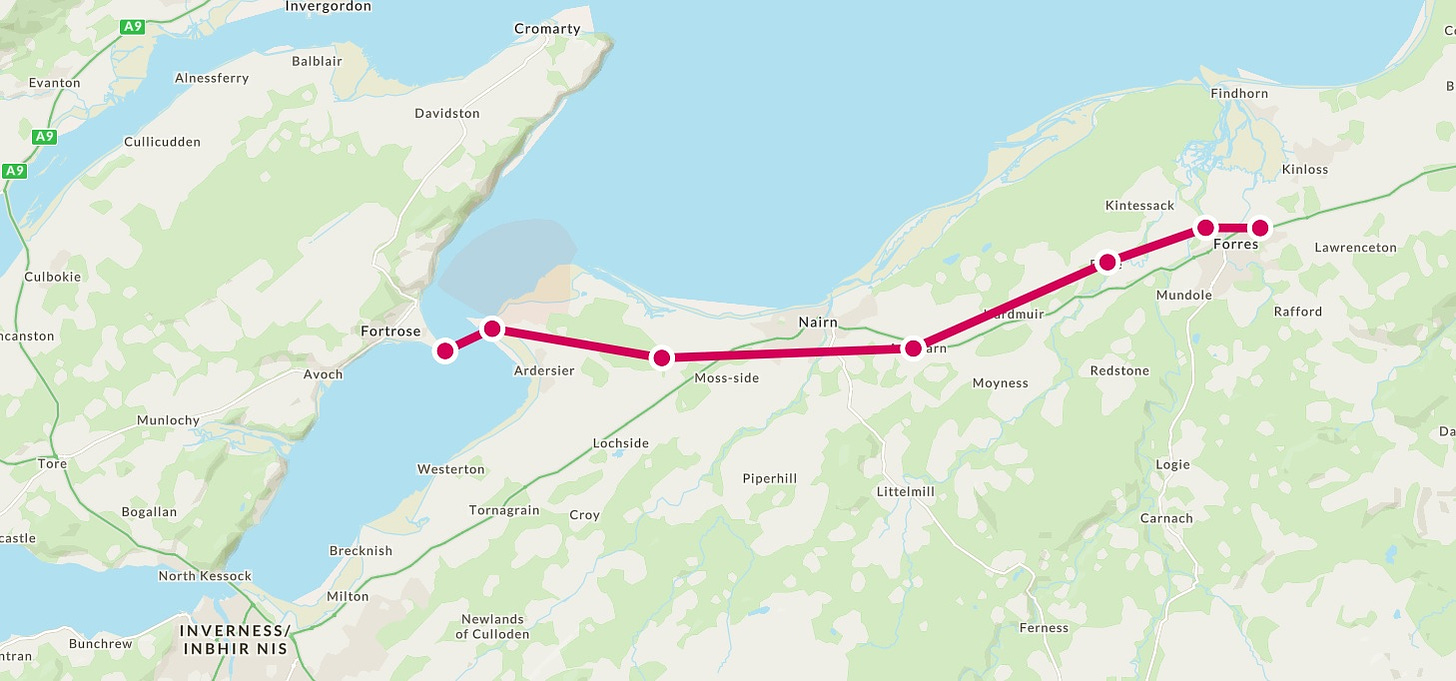 Map showing a possible early medieval routeway from Forres to the Black Isle