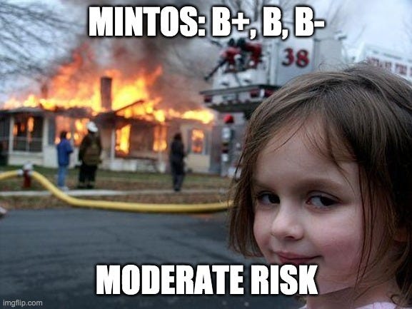 Disaster Girl Meme | MINTOS: B+, B, B-; MODERATE RISK | image tagged in memes,disaster girl | made w/ Imgflip meme maker
