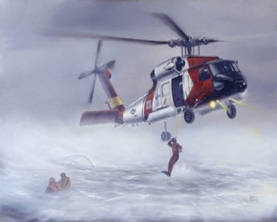 A Coast Guard rescue swimmer deploys from an HH-60J "Jayhawk" helicopter, typical of harrowing rescue scenarios that rescue swimmers are called upon to perform. A Coast Guard rescue swimmer deploys from an HH-60J "Jayhawk" helicopter, typical of harrowing rescue scenarios that rescue swimmers are called upon to perform.