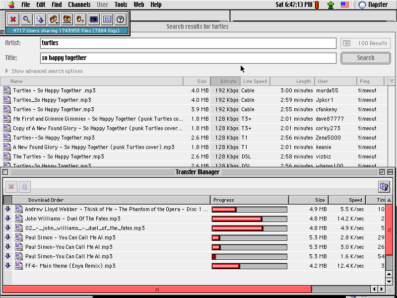 Napster app as of 2001, using Mac OS 9