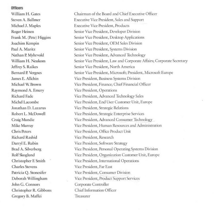 List of executives from the Microsoft annual report 1994 List of executives from the Microsoft annual report 1994