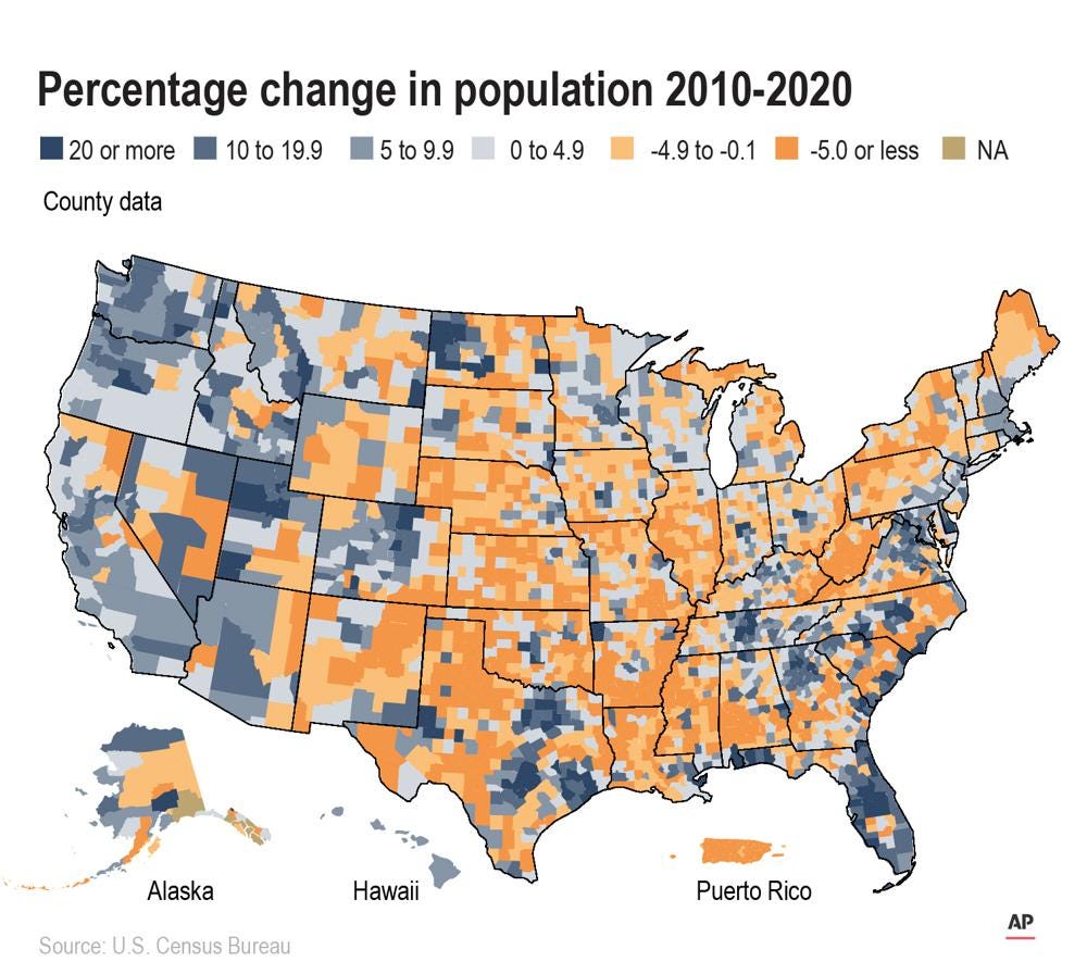 A county map of the United States and  Puerto Rico  shows percentage change in population  2010 to 2020.