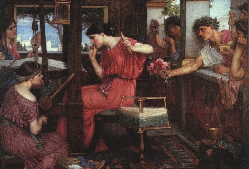 Painting by John W Waterhouse picturing Penelope threading her work Painting by John W Waterhouse picturing Penelope threading her work