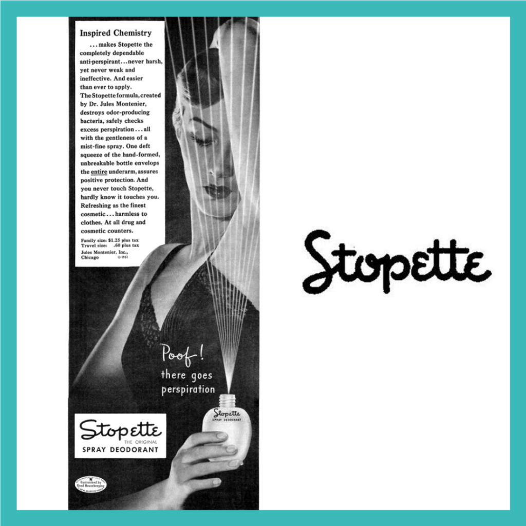 An ad and the logo for Stopette deoderant An ad and the logo for Stopette deoderant
