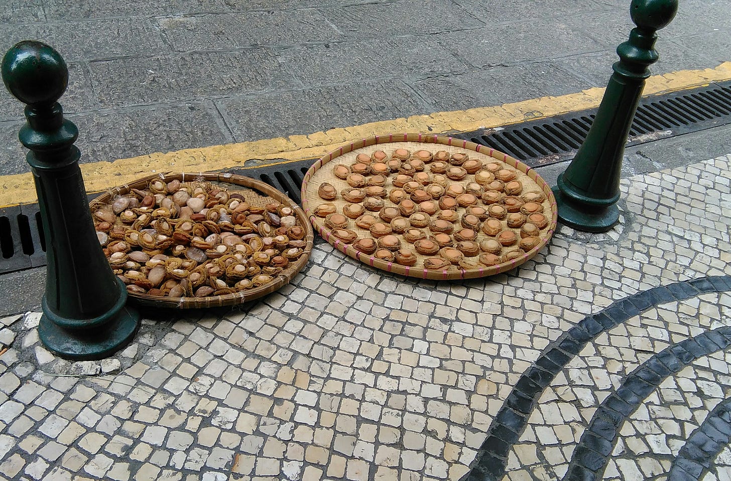 A shot of a pavement in Macau where abalone are drying on large round wicker baskets A shot of a pavement in Macau where abalone are drying on large round wicker baskets