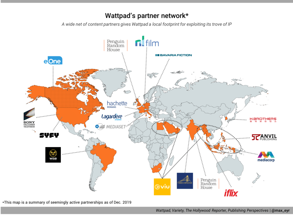 A map showing Wattpad's active content partnerships all around the world A map showing Wattpad's active content partnerships all around the world