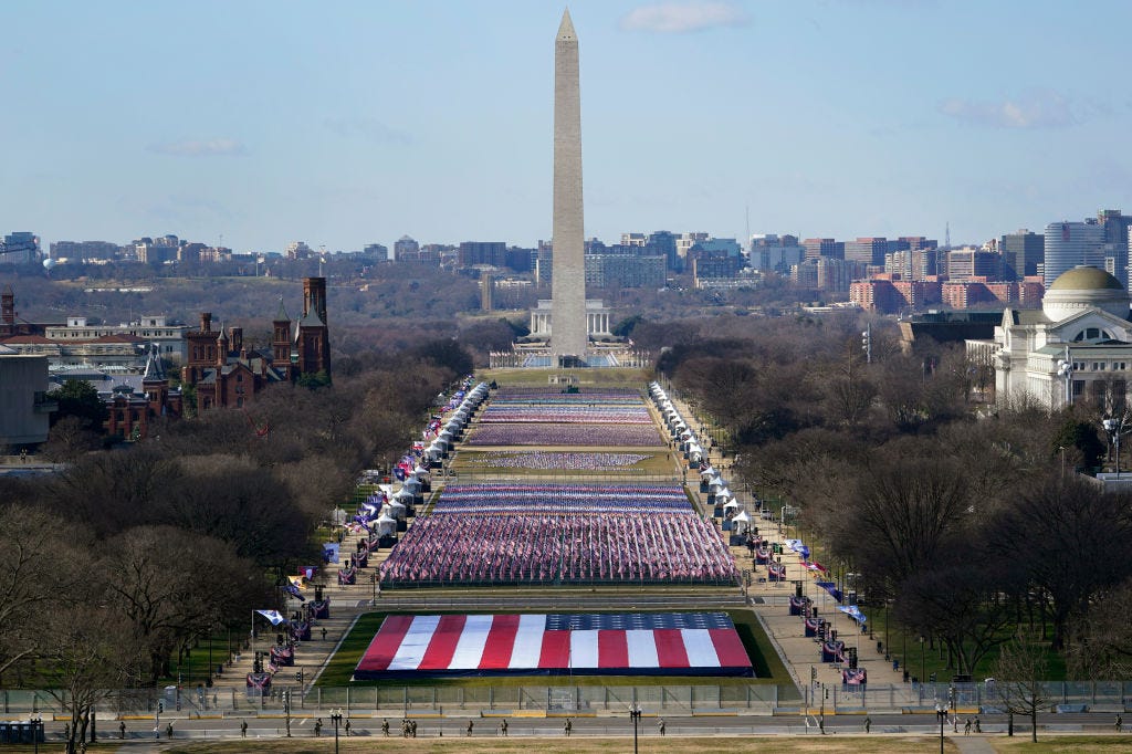The National Mall on Tuesday as preparations for Inauguration Day unfold. (Susan Walsh-Pool / Getty Images) The National Mall on Tuesday as preparations for Inauguration Day unfold. (Susan Walsh-Pool / Getty Images)