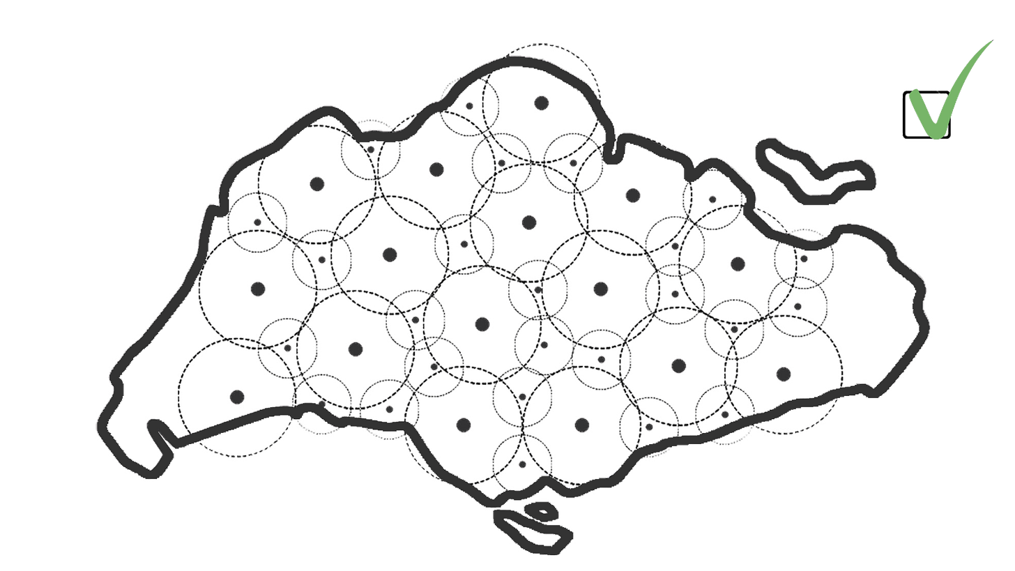 Decentralized urban farm network across Singapore based on a 12 and 20 minutes walking distance radius. Decentralized urban farm network across Singapore based on a 12 and 20 minutes walking distance radius.